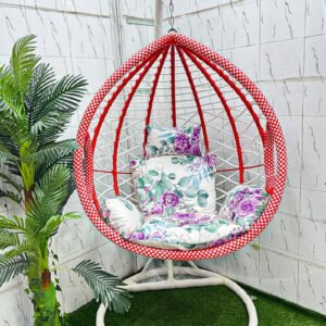 Premium Red and White Egg Hanging Swing Chair with Purple Floral Cushion for Balcony and Garden
