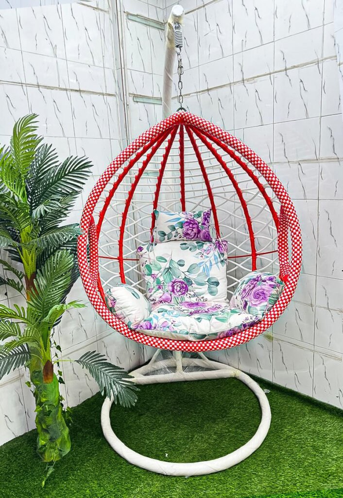 Premium Red and White Egg Hanging Swing Chair with Purple Floral Cushion for Balcony and Garden