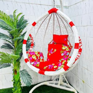 Premium White and Red Egg Hanging Swing Chair with Red Floral Cushion for Balcony, Garden and Living Room