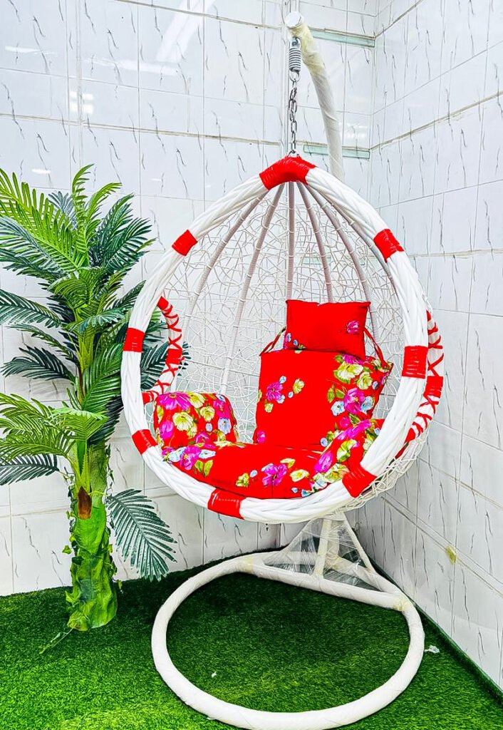 Premium White and Red Egg Hanging Swing Chair with Red Floral Cushion for Balcony, Garden and Living Room