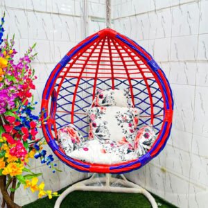 Premium Red and Blue Egg Hanging Swing Chair with White Floral Cushion for Balcony, Garden and Living Room