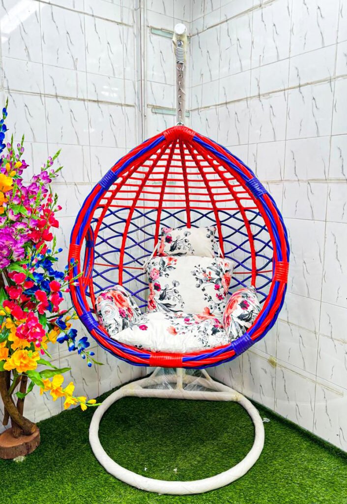 Premium Red and Blue Egg Hanging Swing Chair with White Floral Cushion for Balcony, Garden and Living Room