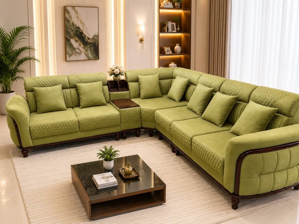 Premium olive green L shape sofa set with cushions in modern luxury living room interior