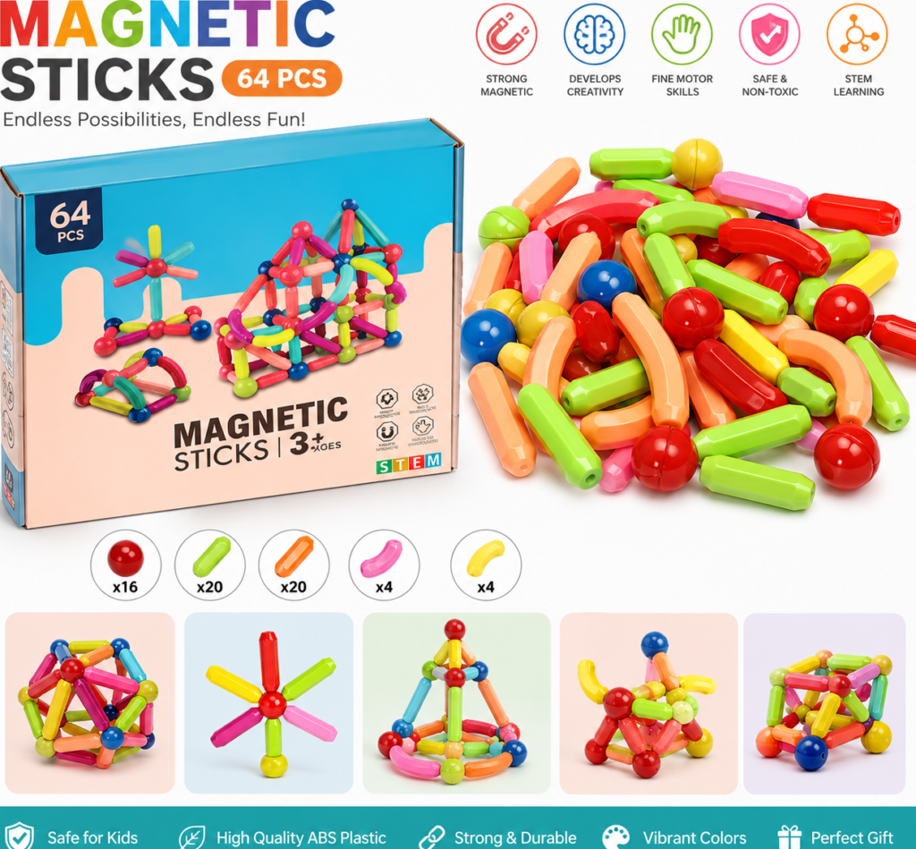 Magnetic Sticks 64 PCS colorful STEM educational magnetic building blocks toy set with storage box for kids.