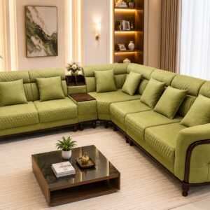 Premium olive green L shape sofa set with cushions in modern luxury living room interior