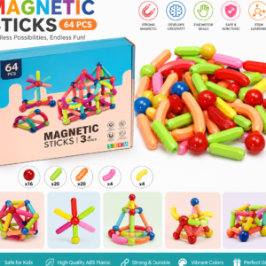 Magnetic Sticks 64 PCS colorful STEM educational magnetic building blocks toy set with storage box for kids.