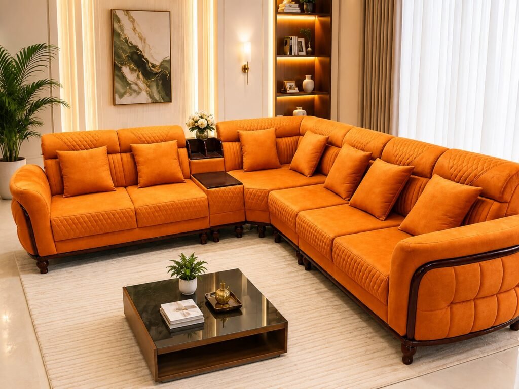 Premium olive green L shape sofa set with cushions in modern luxury living room interior