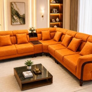Premium olive green L shape sofa set with cushions in modern luxury living room interior