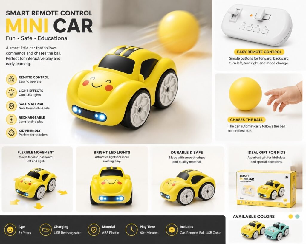 Yellow Smart Sensor Car with wireless remote control and rechargeable battery for kids educational play.