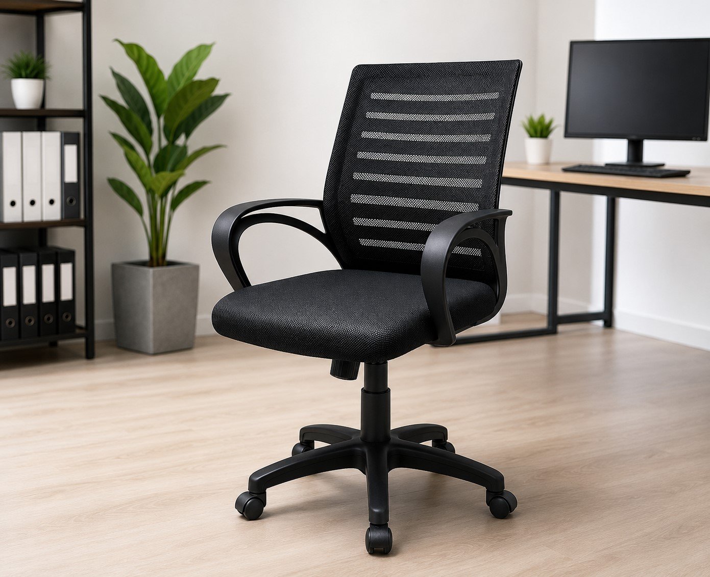⭐ Key Features 🪑 Ergonomic Design 🌬️ Breathable Mesh Backrest 💺 Comfortable Cushioned Seat ↕️ Adjustable Seat Height 🔄 360° Swivel Function 🛞 Smooth Caster Wheels 💪 Stable 5-Star Base 🖤 Elegant Black Finish 🏢 Office, Home Office & Study-এর জন্য উপযুক্ত 🎯 Perfect For Corporate Office | Home Office | Computer Desk | Study Room | Workstation