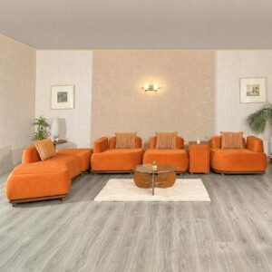Premium modern orange sofa set with cushions in stylish living room interior