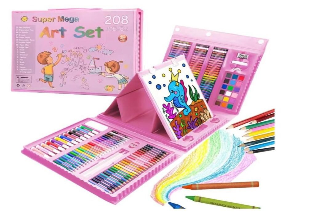 Super Mega Art Set 208 Pieces pink portable drawing and painting kit with crayons, markers, watercolor paints and color pencils for kids.