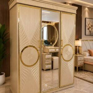 Luxury ivory white and gold 3 door sliding almirah with full-length mirror and dressing unit in modern bedroom interior
