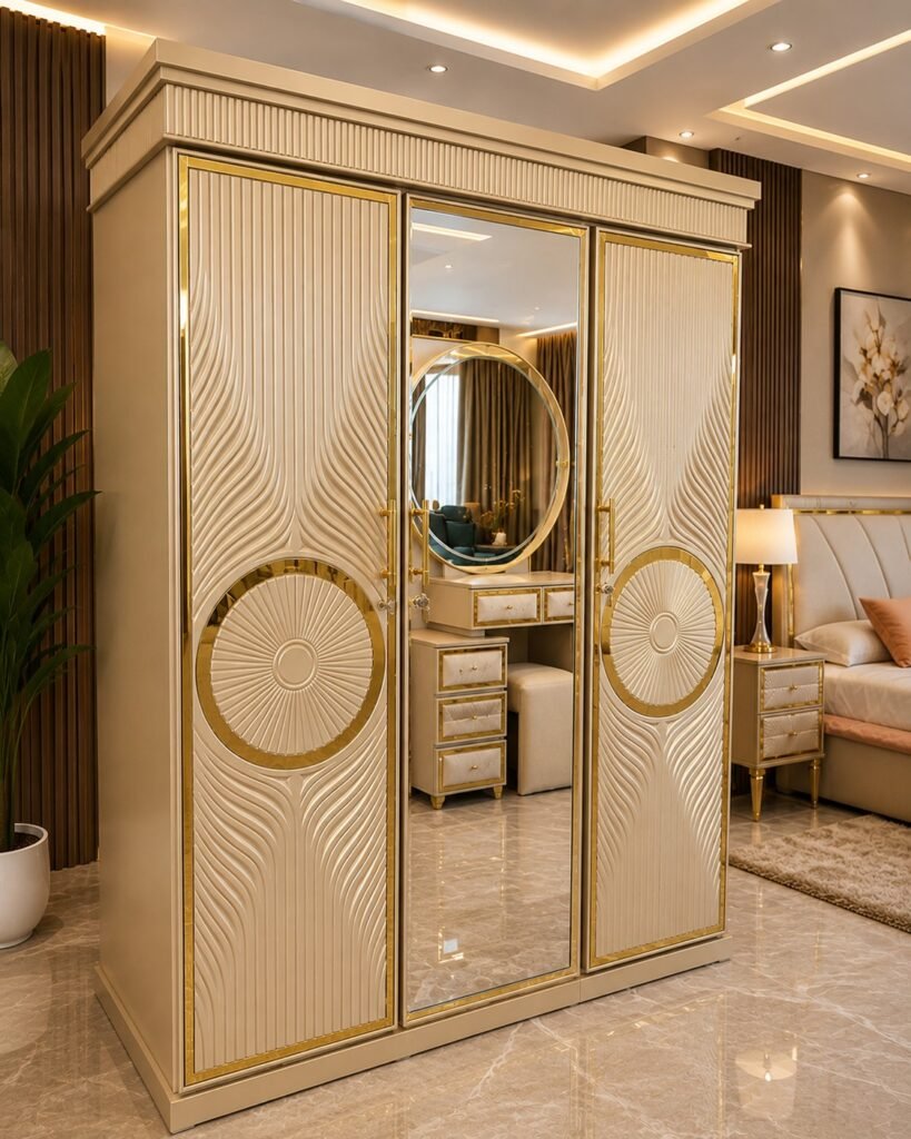 Luxury ivory white and gold 3 door sliding almirah with full-length mirror and dressing unit in modern bedroom interior