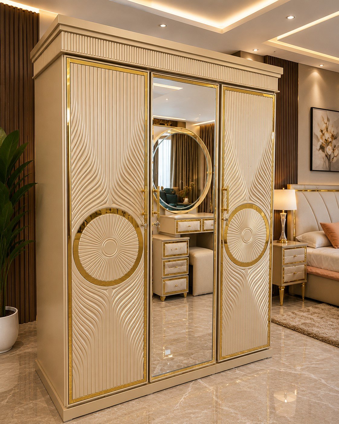 Luxury ivory white and gold 3 door sliding almirah with full-length mirror and dressing unit in modern bedroom interior