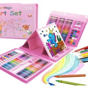 Super Mega Art Set 208 Pieces pink portable drawing and painting kit with crayons, markers, watercolor paints and color pencils for kids.