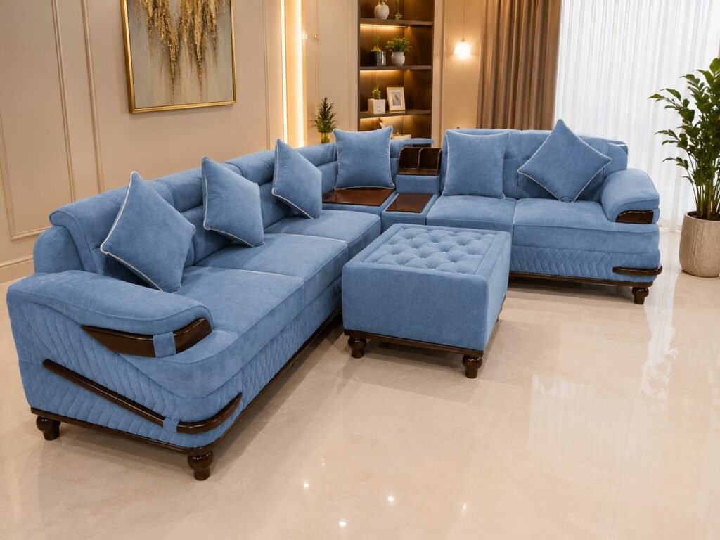 Premium sky blue L shape sofa set with matching ottoman and cushions in modern luxury living room
