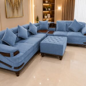 Premium sky blue L shape sofa set with matching ottoman and cushions in modern luxury living room