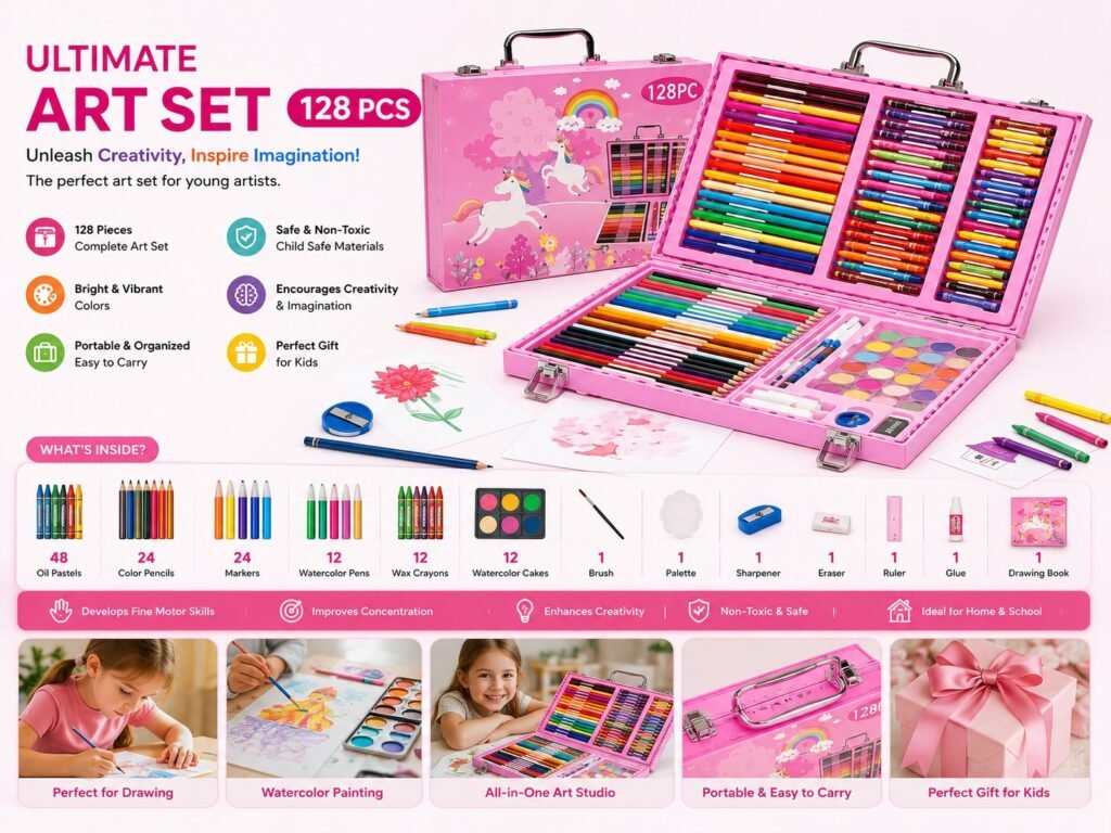 Pink Unicorn Art Set 128 PCS portable drawing and painting kit with color pencils, markers, crayons and watercolor paints for kids.