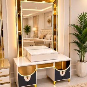 Luxury white and gold dressing table with large LED mirror, storage drawers and cabinets, modern vanity table for bedroom interior.