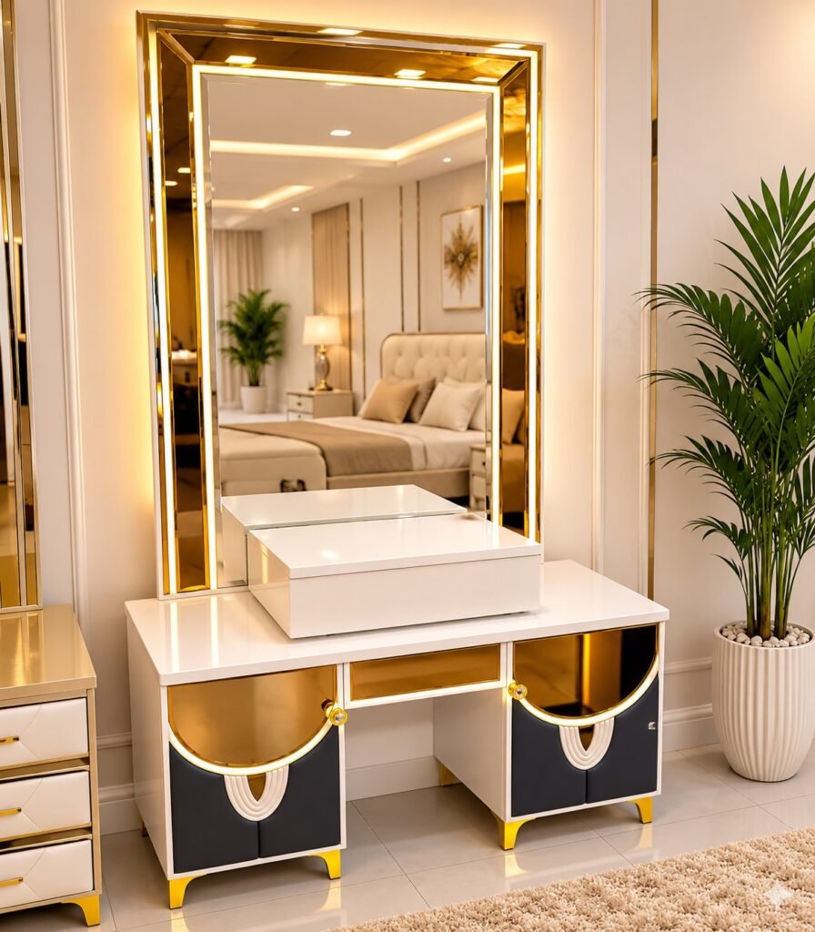 Luxury white and gold dressing table with large LED mirror, storage drawers and cabinets, modern vanity table for bedroom interior.