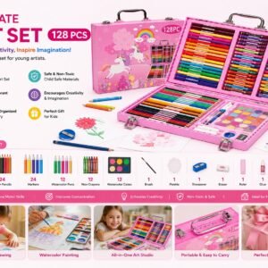 Pink Unicorn Art Set 128 PCS portable drawing and painting kit with color pencils, markers, crayons and watercolor paints for kids.