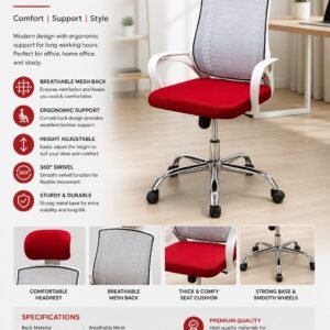 Premium red and white ergonomic mesh office chair with adjustable headrest, cushioned seat and chrome metal base