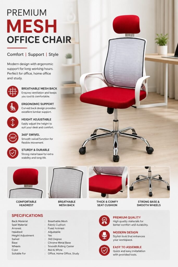 Premium red and white ergonomic mesh office chair with adjustable headrest, cushioned seat and chrome metal base