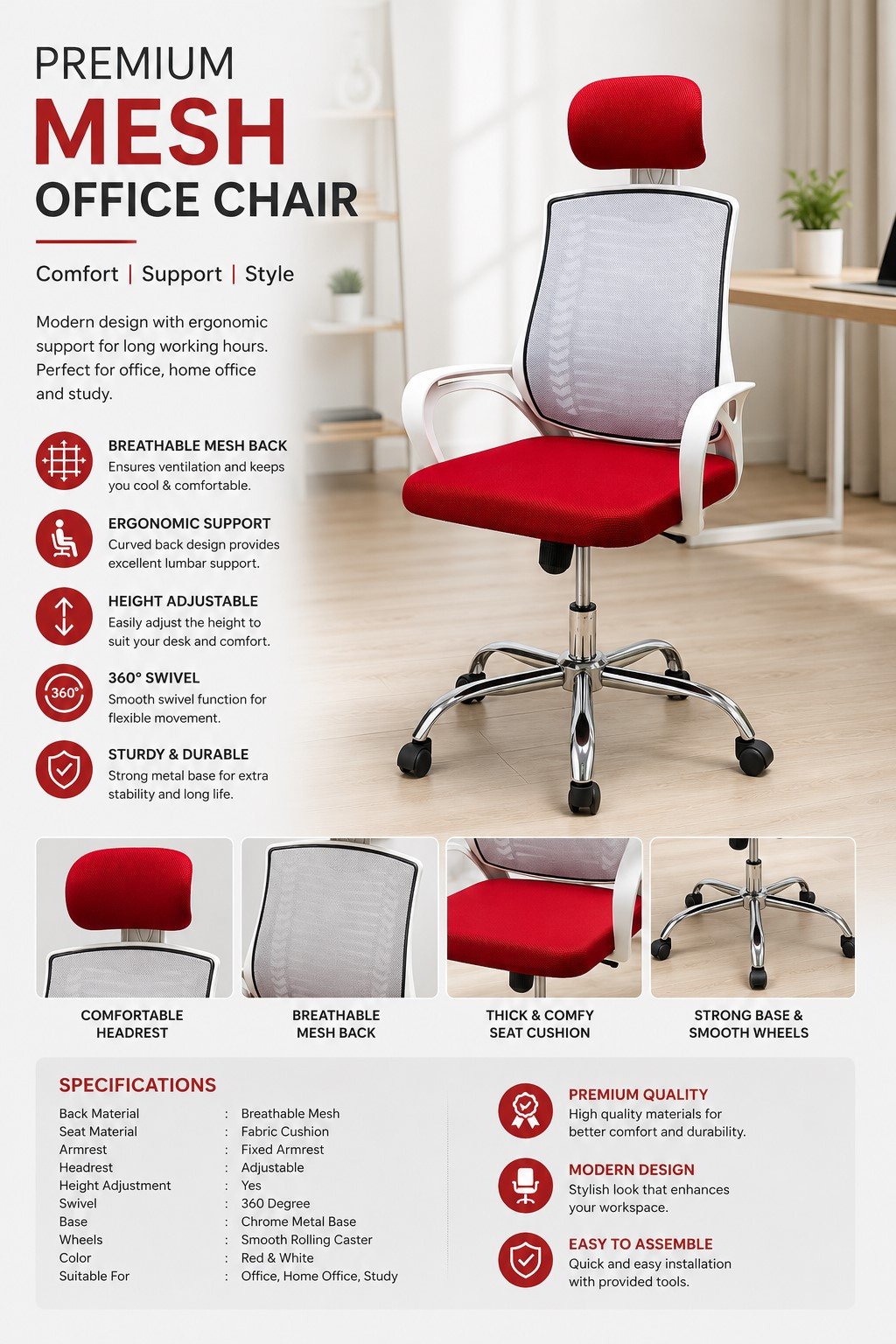 Premium red and white ergonomic mesh office chair with adjustable headrest, cushioned seat and chrome metal base