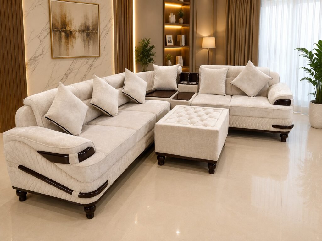Premium cream L shape sofa set with matching ottoman and cushions in modern luxury living room interior