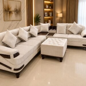Premium cream L shape sofa set with matching ottoman and cushions in modern luxury living room interior