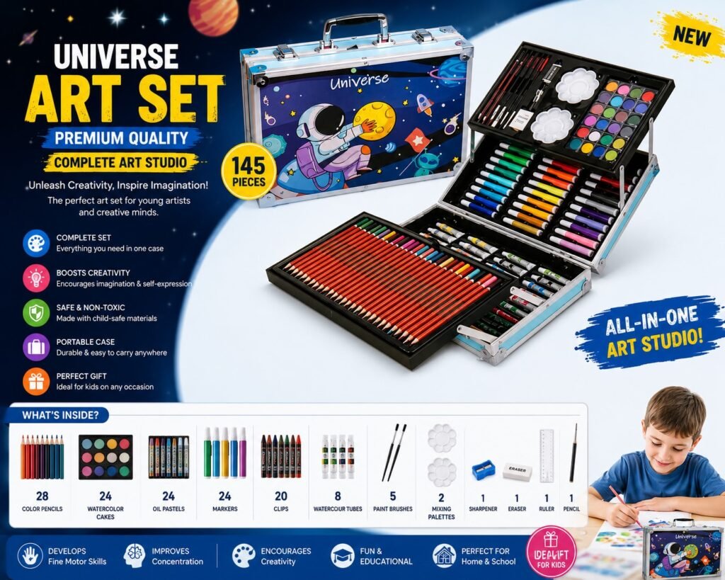 Universe themed premium aluminum art set with color pencils, watercolor paints, oil pastels and drawing accessories for kids and students.