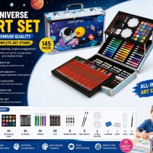 Universe themed premium aluminum art set with color pencils, watercolor paints, oil pastels and drawing accessories for kids and students.