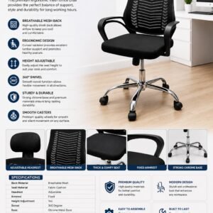 Premium black ergonomic mesh office chair with adjustable headrest, cushioned seat and chrome metal base