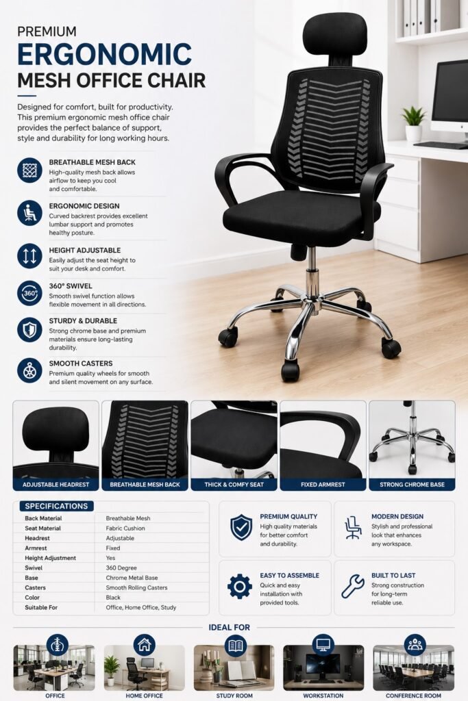 Premium black ergonomic mesh office chair with adjustable headrest, cushioned seat and chrome metal base