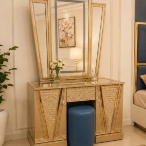 Premium Luxury Gold Finish Dressing Table with Large Mirror and Storage