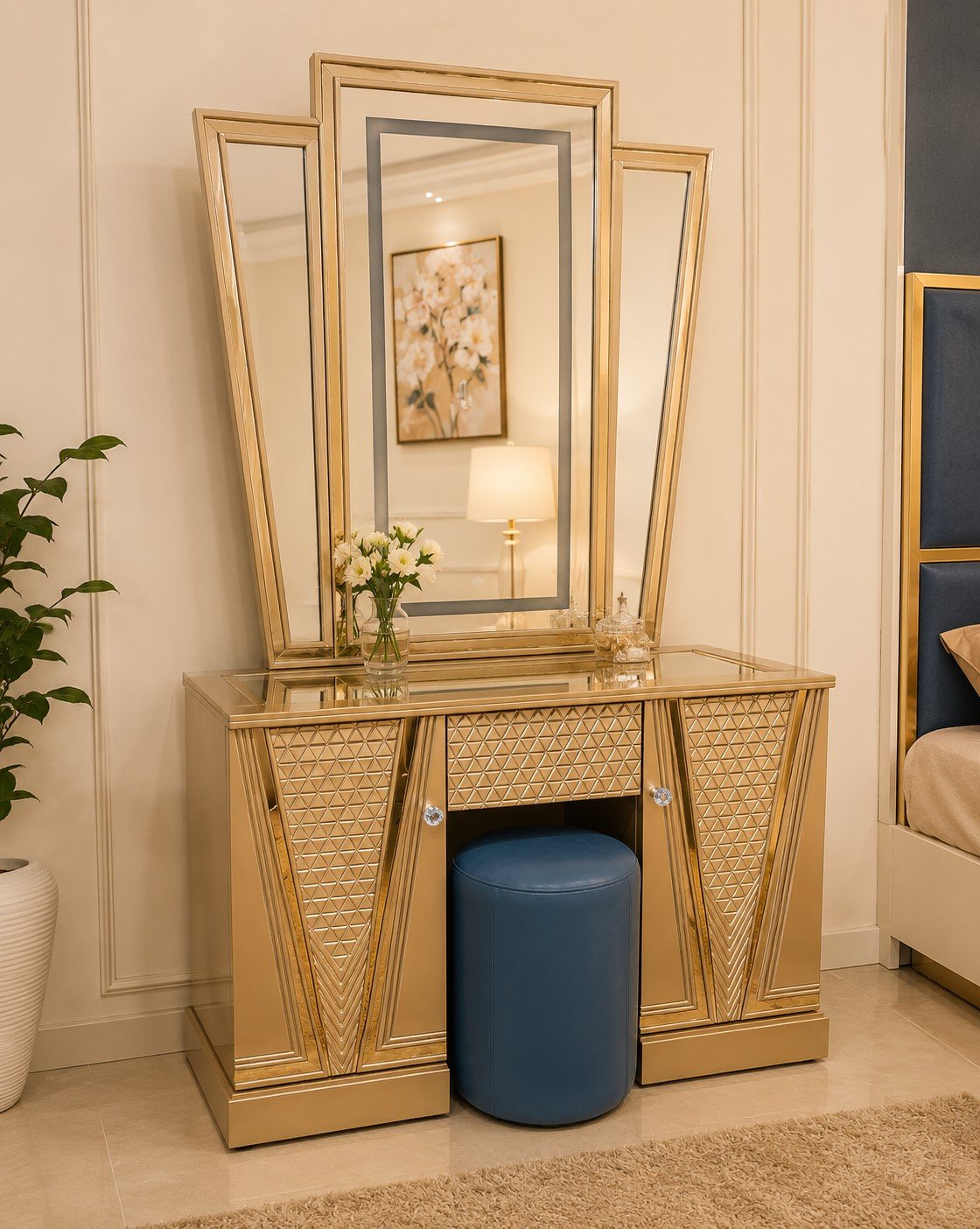 Premium Luxury Gold Finish Dressing Table with Large Mirror and Storage