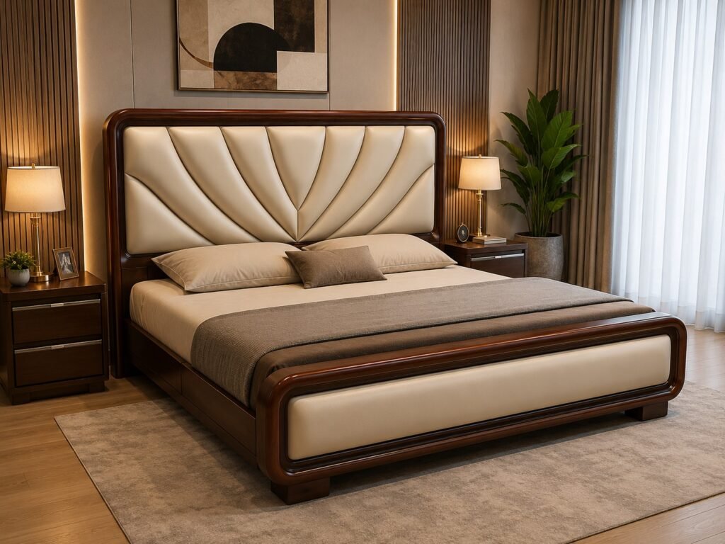 Premium modern king size luxury bed with cream upholstered headboard and dark wooden frame in elegant bedroom interior