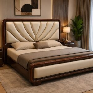 Premium modern king size luxury bed with cream upholstered headboard and dark wooden frame in elegant bedroom interior
