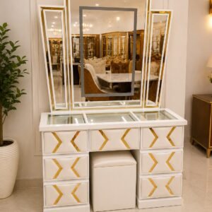 Premium Modern White and Gold Dressing Table with 3 Panel Mirror and Multiple Drawers