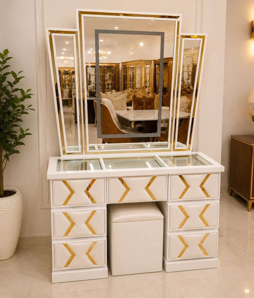 Premium Modern White and Gold Dressing Table with 3 Panel Mirror and Multiple Drawers