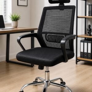 Premium black ergonomic mesh office chair with adjustable headrest, breathable backrest and chrome metal base