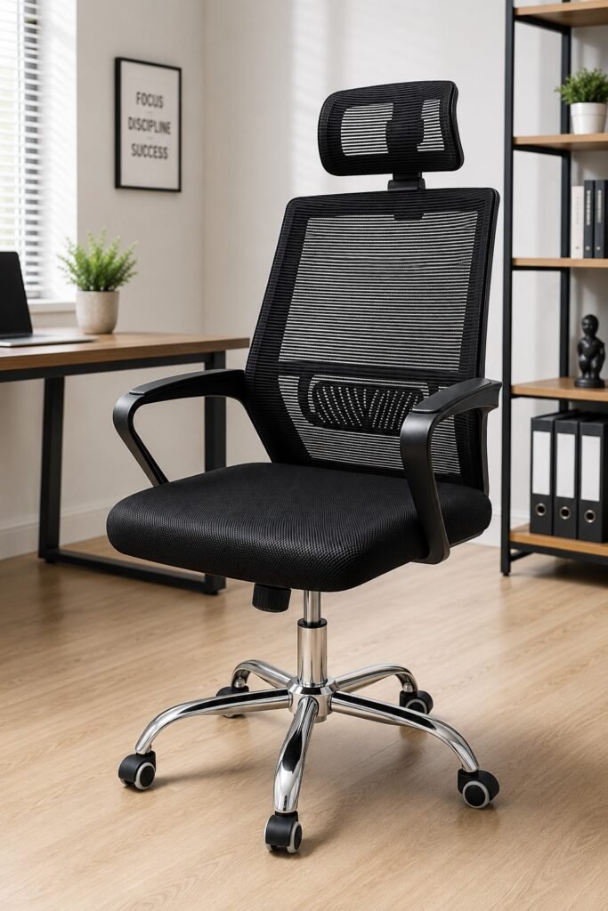 Premium black ergonomic mesh office chair with adjustable headrest, breathable backrest and chrome metal base