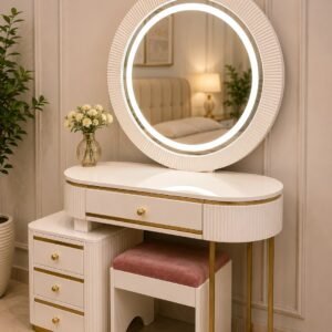 Premium Modern White and Gold LED Dressing Table with Round Mirror and Storage Drawers