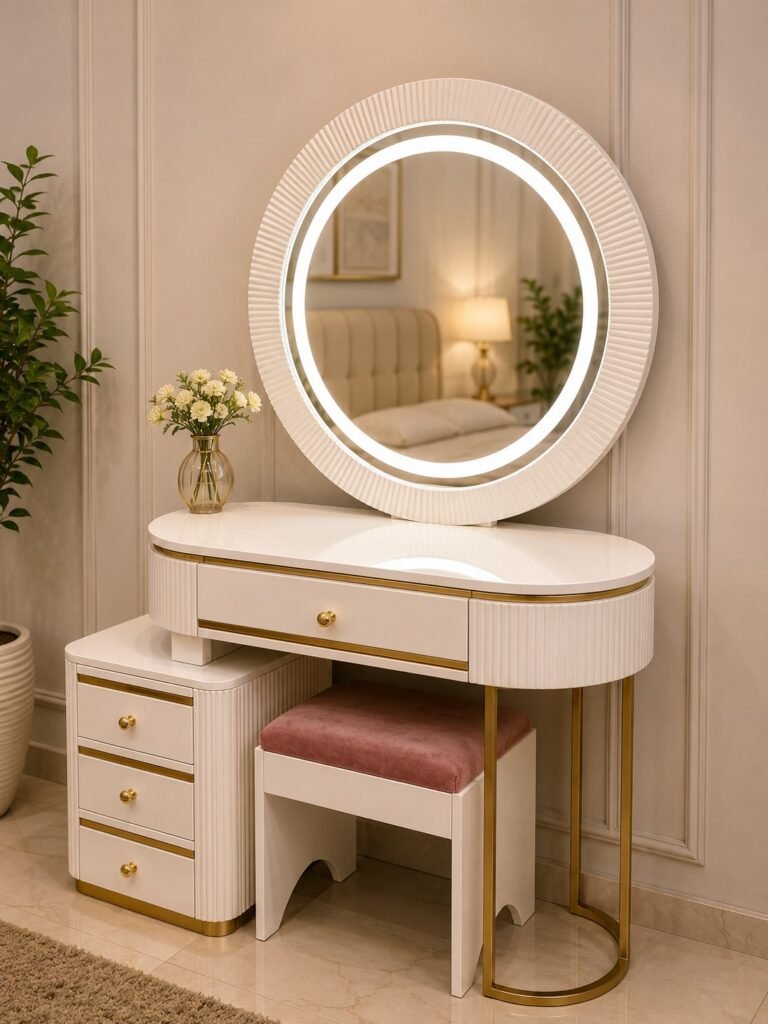 Premium Modern White and Gold LED Dressing Table with Round Mirror and Storage Drawers