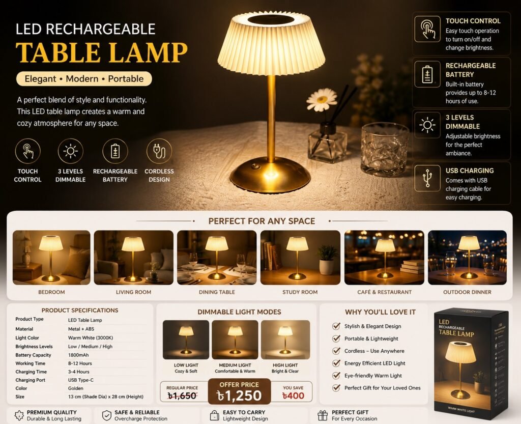 Modern gold LED rechargeable table lamp with fabric shade, touch control, USB Type-C charging and warm white dimmable light for bedroom, office and dining table.