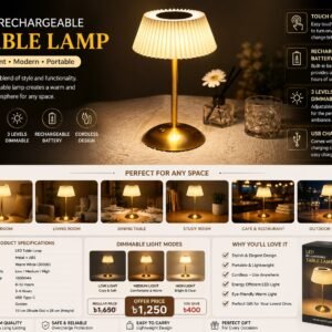 Modern gold LED rechargeable table lamp with fabric shade, touch control, USB Type-C charging and warm white dimmable light for bedroom, office and dining table.
