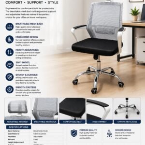 Premium grey and black ergonomic mesh office chair with adjustable headrest, cushioned seat and chrome metal base