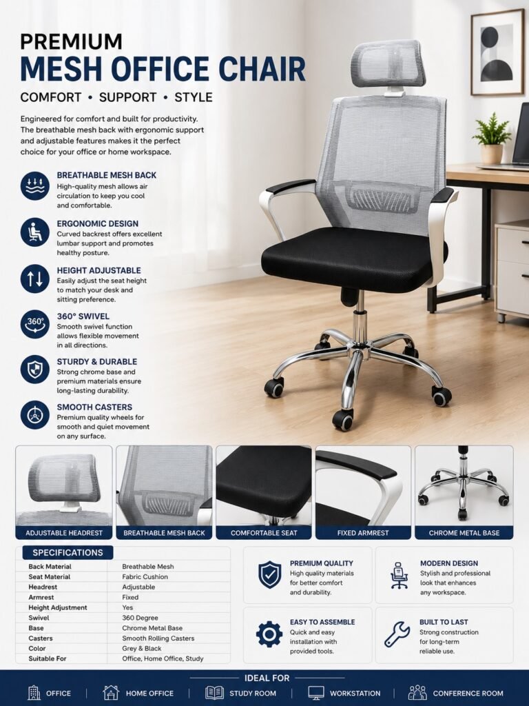 Premium grey and black ergonomic mesh office chair with adjustable headrest, cushioned seat and chrome metal base