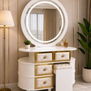 Premium White and Gold LED Dressing Table with Round Mirror, Storage Drawers and Matching Stool